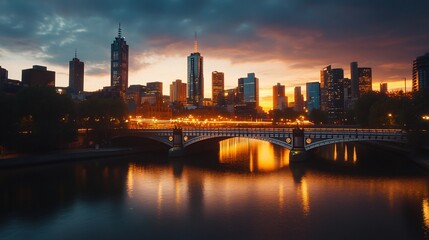 Naklejka premium Modern city bridge with LED strip lighting at twilight