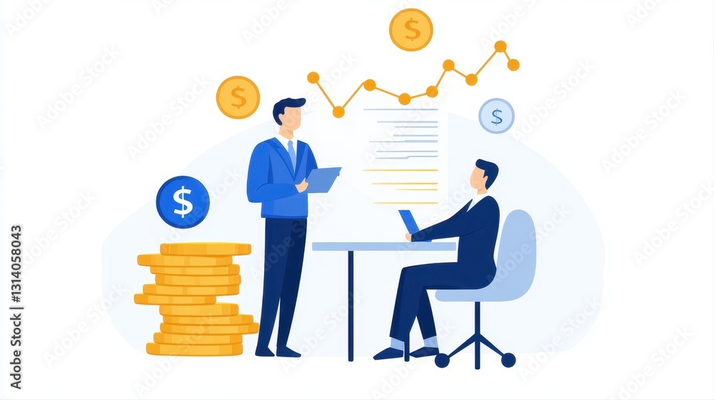 Poster two business professionals analyzing financial growth metrics with coins and documentation at a tabl