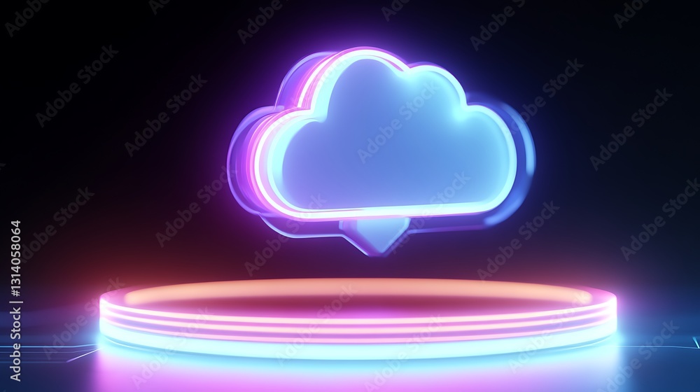 Poster modern neon cloud icon with glow effect on dark background for digital storage and technology concep