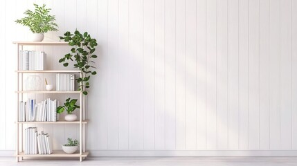 Fototapeta premium Wooden Bookshelf With Green Plants And Books Against A White Wall With Natural Light