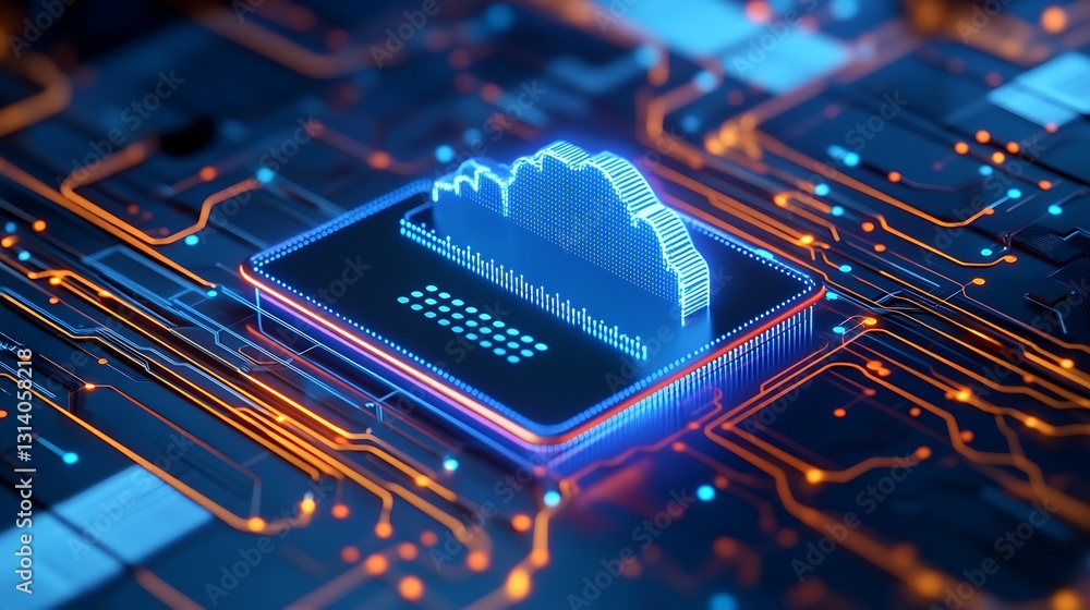 Poster modern technology concept of cloud computing with digital circuit board background and neon lights d