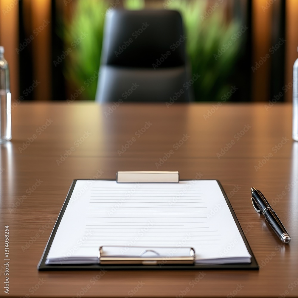 Poster neatly arranged table with pen and notepad set up for a professional meeting to foster productive di