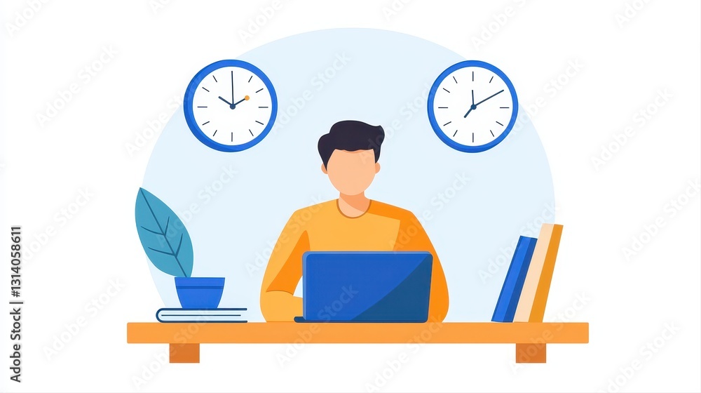 Poster man concentrating on work while using a laptop to enhance time management during business meetings a