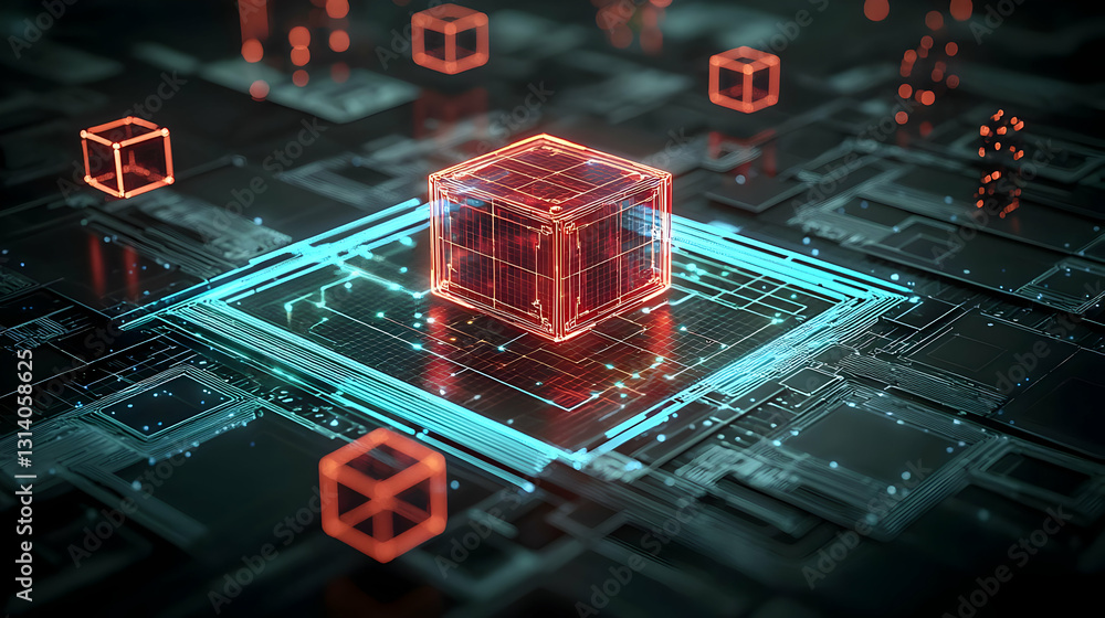 Aufkleber glowing red digital cube on blue circuitry with data transfer in futuristic technological background