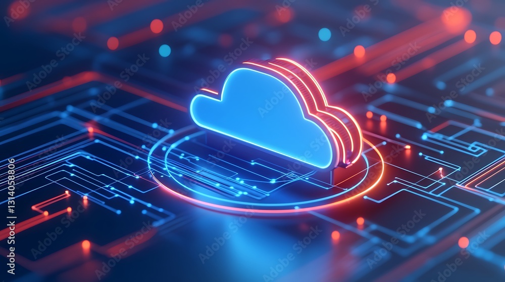 Poster neon cloud computing technology on futuristic circuit board background with blue and red lines