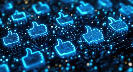 Obraz premium A row of glowing blue thumbs are displayed on a screen
