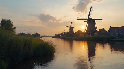Sunset over canal with windmills and traditional houses.