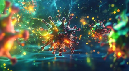 A colorful virus is shown in a blue background
