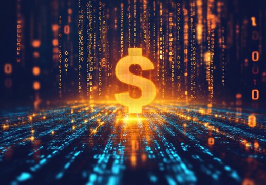 A dollar sign is lit up in a blue and orange background