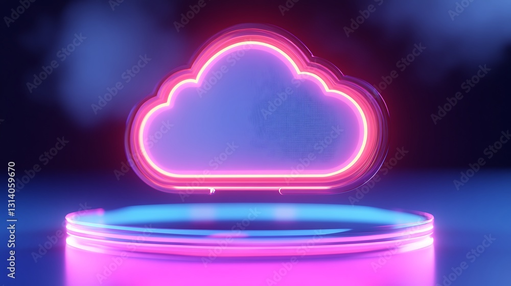 Poster neon cloud icon on futuristic platform with soft gradient background for digital concepts and techno