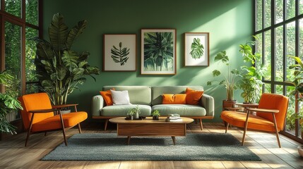 scandi mid century living room mint chairs round wood table sofa cabinet green wall