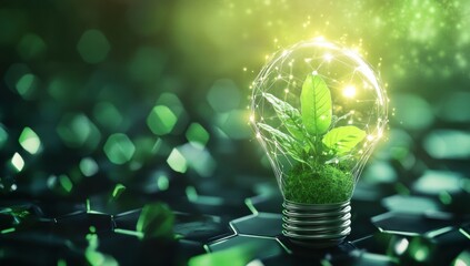 A green plant is growing inside a light bulb