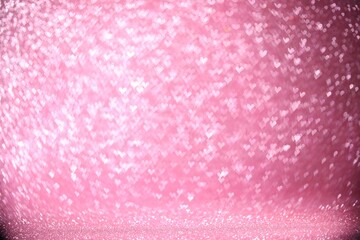 Shiny pink glitter and blurred heart shaped lights on background, bokeh effect. Romantic decor