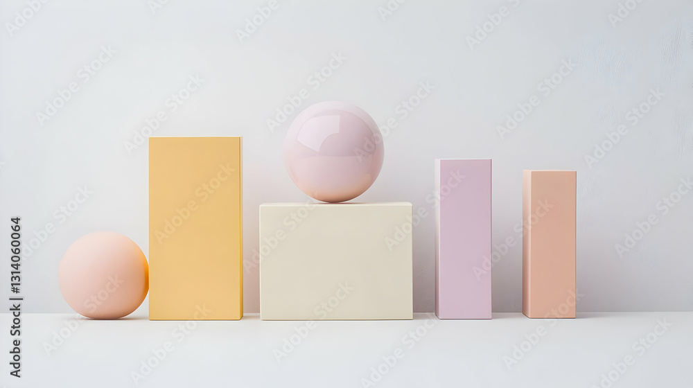 Poster Pastel Geometric Shapes Abstract Minimalist Composition with Spheres and Blocks on a White Textured Background for Product Display