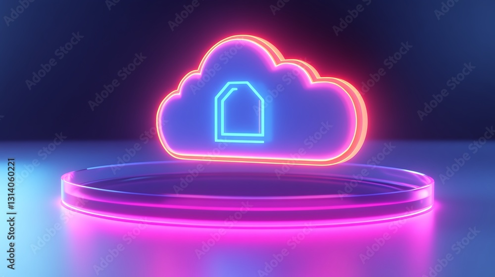 Poster neon cloud icon with house symbol displayed on glossy surface for futuristic design project