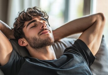 Obraz premium A man is laying on a couch with his arms relaxed and his eyes closed