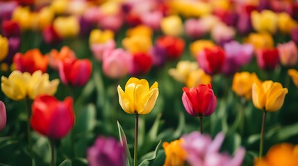 Vibrant field of colorful tulips in full bloom, showcasing a variety of colors and textures.