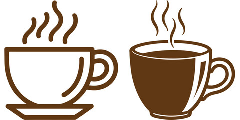 Two stylized illustrations of steaming coffee cups, one white with a saucer and the other brown, both with simple line art.