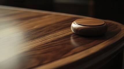 Wooden container on polished dark wood table.