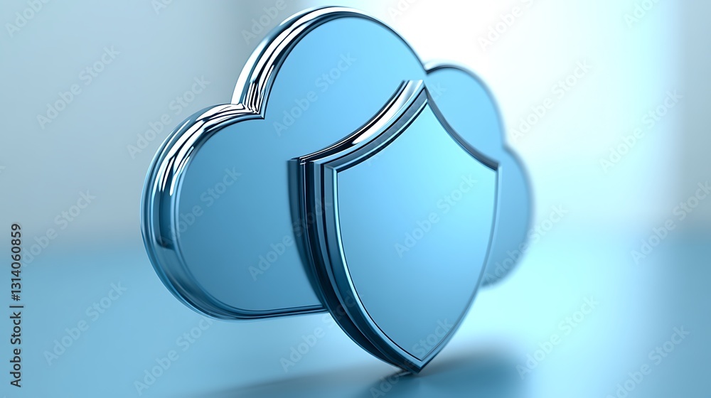 Poster secure cloud storage concept featuring blue clouds and shield symbolizing data protection and privac