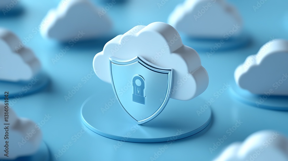 Poster secure cloud storage concept with lock and shield on light blue background for data protection theme