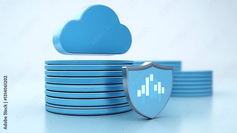 Poster secure data storage concept with cloud symbol, shield, and stacked coins on light background
