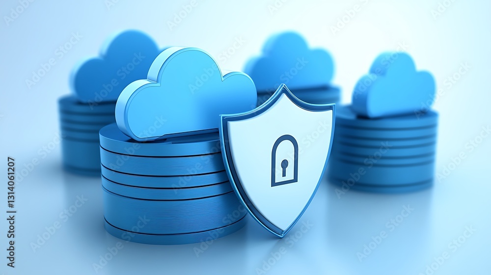 Poster secure data storage concept with cloud technology and shield symbol representing digital protection