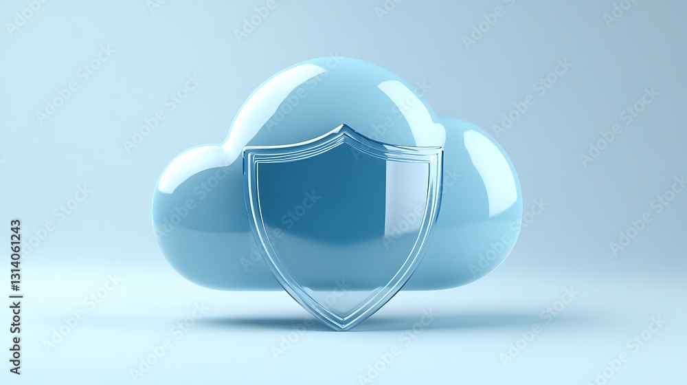 Poster shield icon inside a soft blue cloud emphasizing digital security and data protection concepts