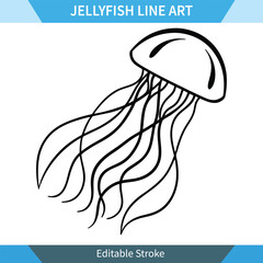 Simple black line art illustration of a jellyfish. Clean design with editable stroke. Perfect for coloring, prints, or digital use.