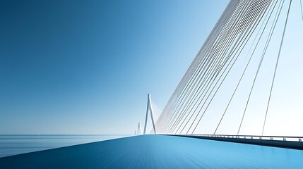 Naklejka premium Modern cable-stayed bridge over calm ocean, clear sky.