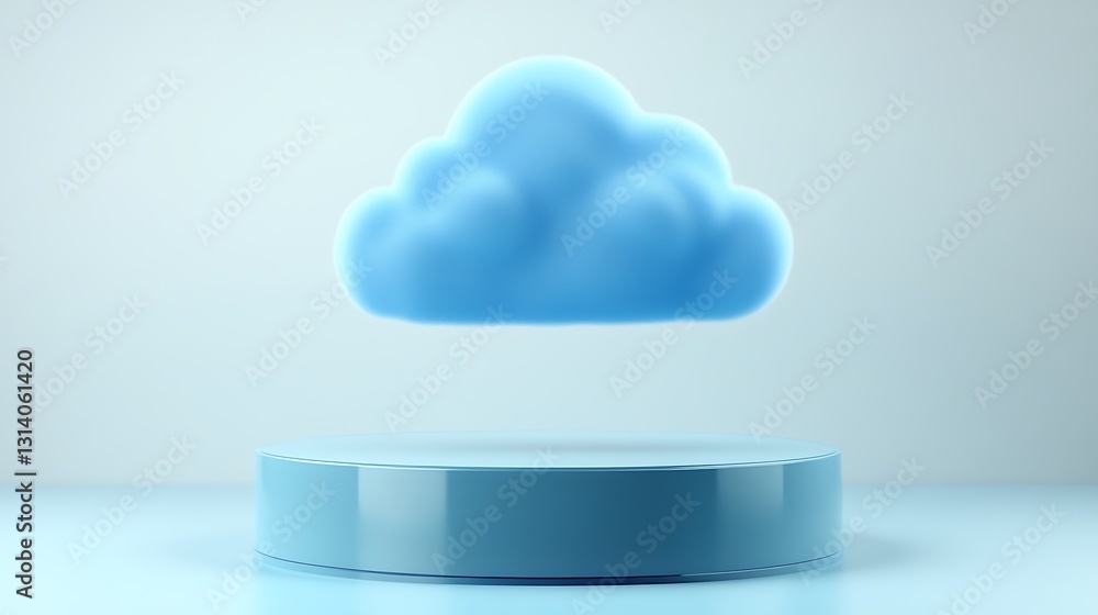 Poster soft blue cloud above a circular platform in a minimalist setting with soft lighting and calm colors