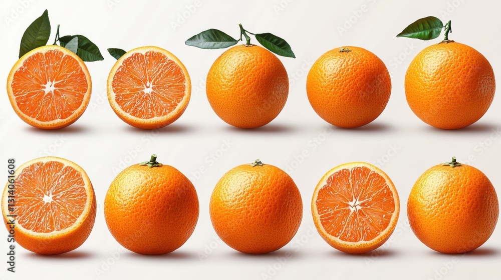 Poster set of oranges with leaves on them isolated on transparent background