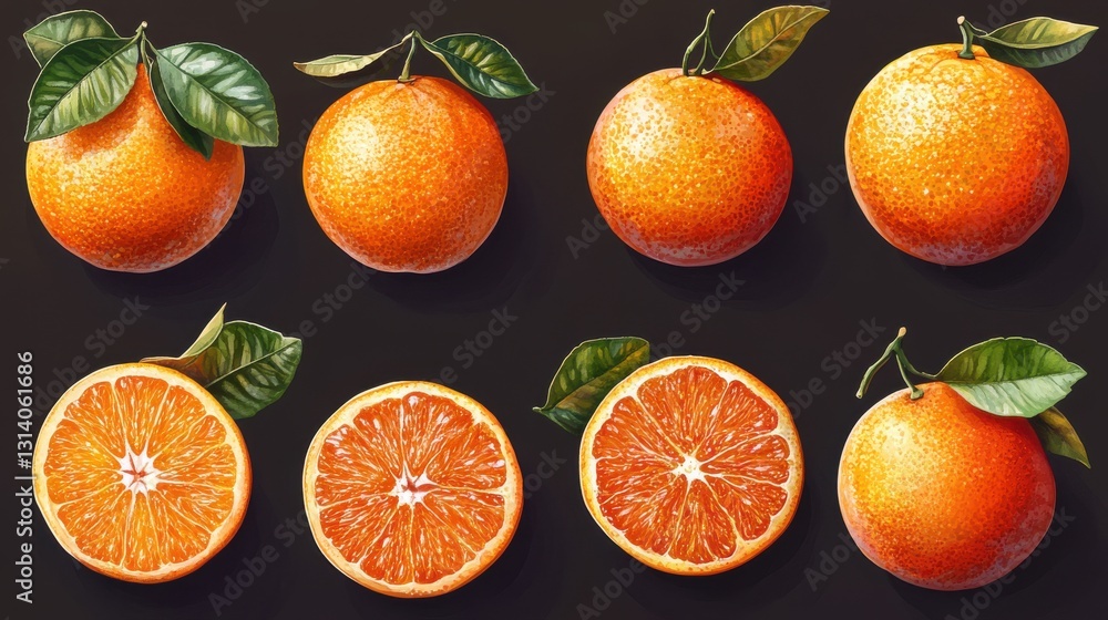 Poster set of oranges with leaves on them isolated on transparent background