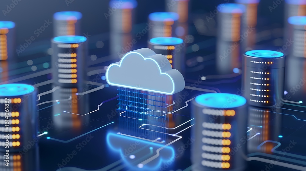 Poster surreal digital cloud computing concept surrounded by data storage servers and connection cables