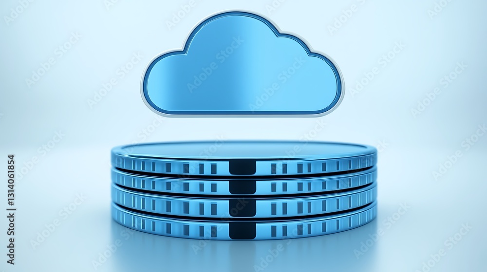 Poster three blue disks with cloud icon representing cloud storage and digital data management concept in m