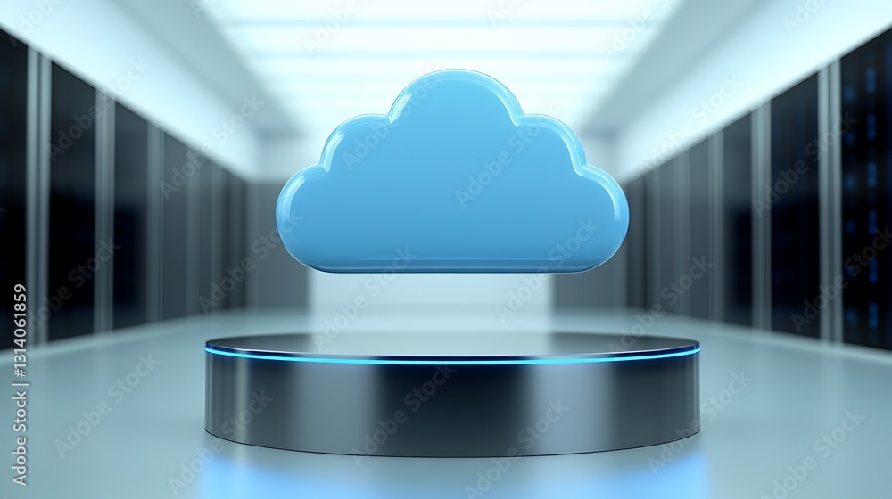Poster three-dimensional blue cloud icon centered in high-tech server room with soft ambient lighting