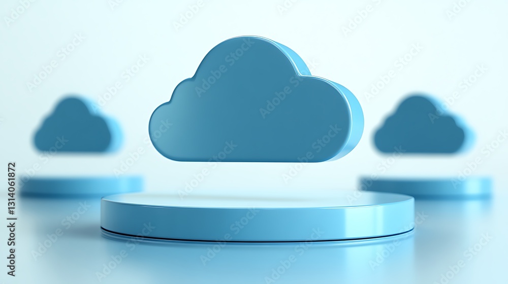 Aufkleber three light blue clouds floating above circular platforms in a soft light environment