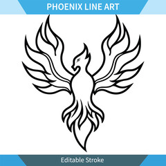 Obraz premium Stylized phoenix line art illustration. Black and white vector graphic with editable stroke.
