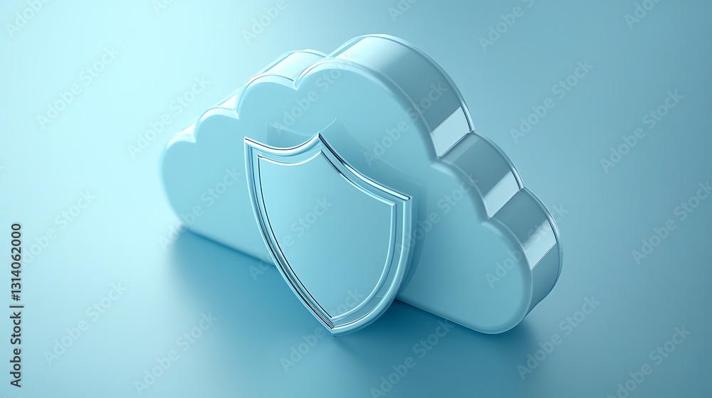 Poster transparent cloud storage concept featuring shield symbol on soft blue background for security and p