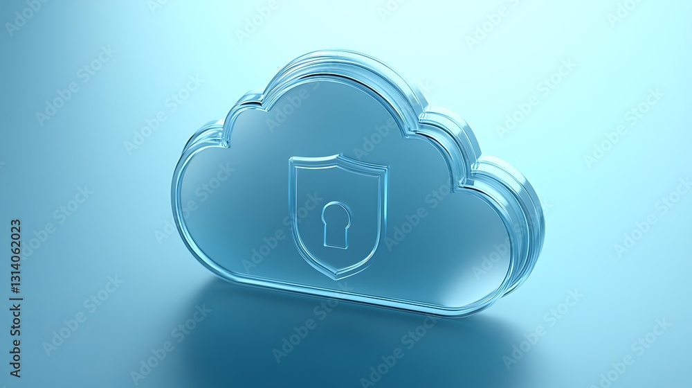 Poster transparent cloud symbol with security shield and keyhole on blue background in modern digital desig