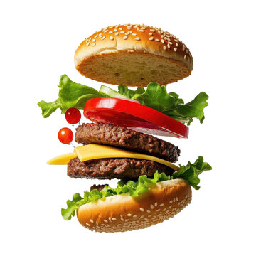 Cheeseburgers, fast food photography, exploded view, deconstructed burger, floating ingredients,