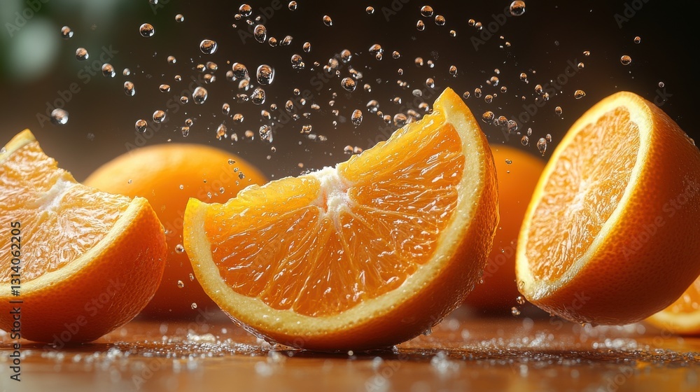 Poster set of sliced orange falling isolated on transparent background
