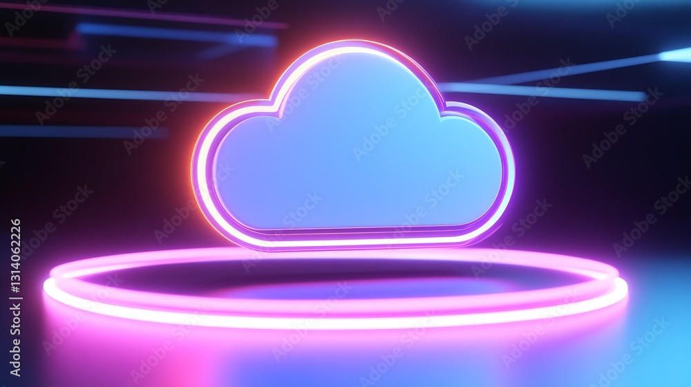 Poster vibrant colorful cloud icon with neon lights on a dark background for digital content and web design