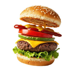 Cheeseburgers, fast food photography, exploded view, deconstructed burger, floating ingredients,