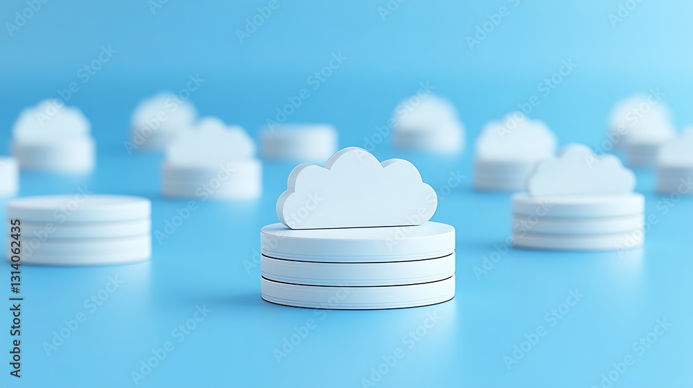 Poster white cloud icon on stacked coins representing virtual currency and digital finance on soft blue bac