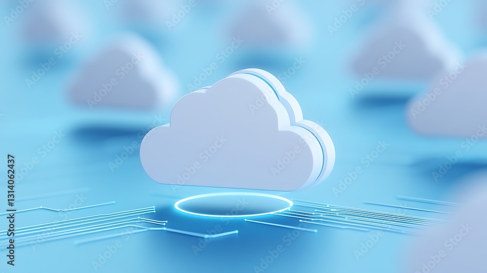 Poster white cloud icon surrounded by digital circuits on a soft blue background in a futuristic design con