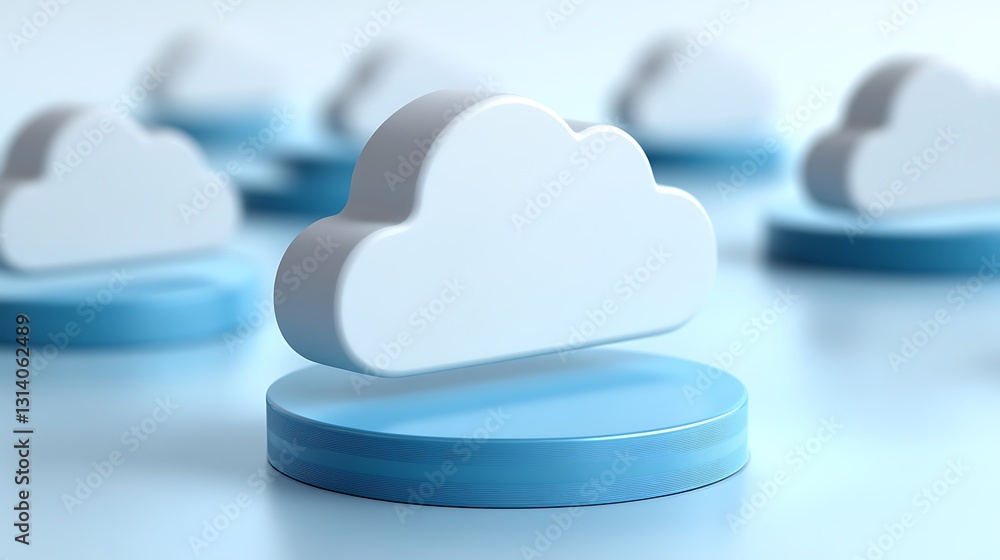 Poster white cloud icons on light blue base representing cloud computing technology and digital storage sol