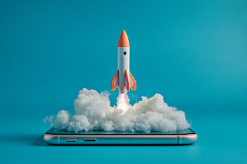 Mobile app startup rocket launching from clouds innovative technology success concept 3d sky blue