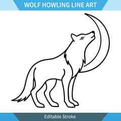 Howling Wolf Line Art Lunar Night, Editable Vector Graphic