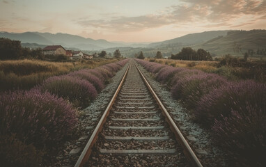 Lavender Fields and Train Tracks at Sunset